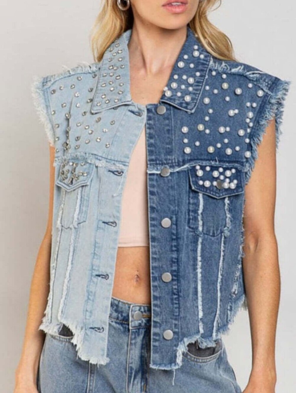 Love Two-Tone Pearl & Stud Denim Vest - Light Blue & Dark Blue